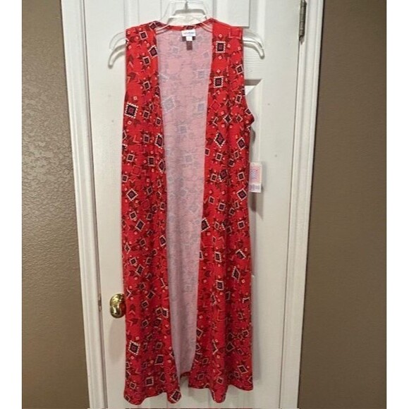 New LuLaRoe Cardigan Vest Red Print Sleeveless Split Sides Long Small - Picture 1 of 10